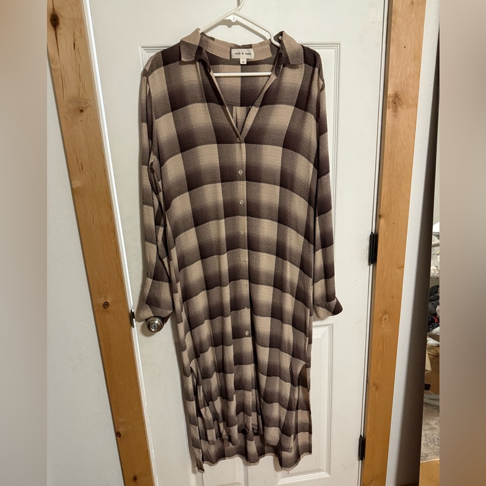 cloth & stone Brown and Cream Plaid Button-Front Midi Dress Anthropologie